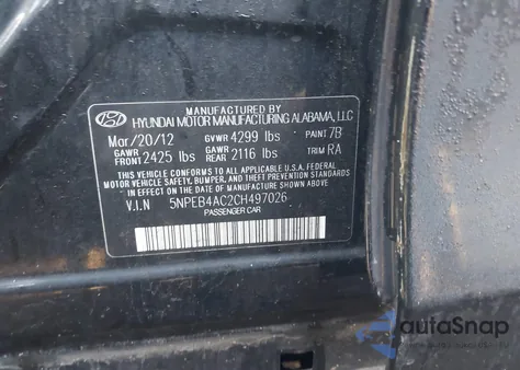 2012 Hyundai Sonata Gls z USA, uszkodzony, nr VIN 5NPEB4AC2CH497026